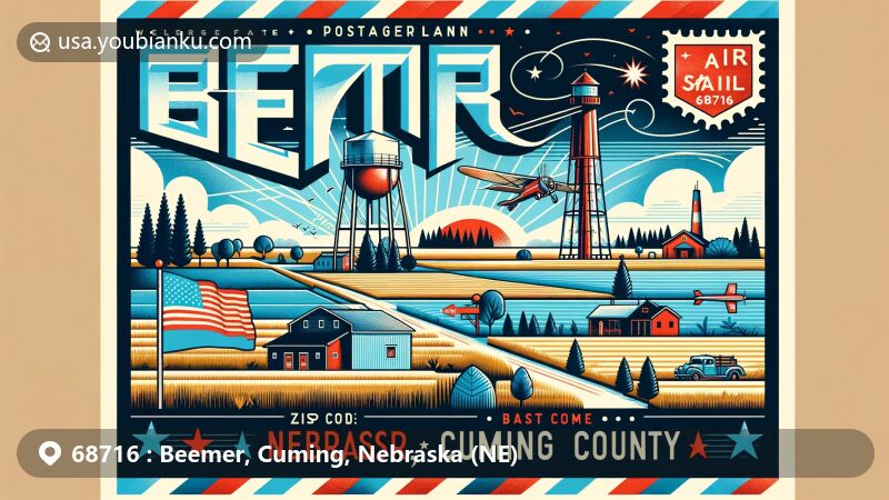 Modern illustration of Beemer, Cuming County, Nebraska, reflecting rural charm and community spirit, featuring iconic symbols like Nebraska state flag, vast farmlands, and postal elements including ZIP code 68716.