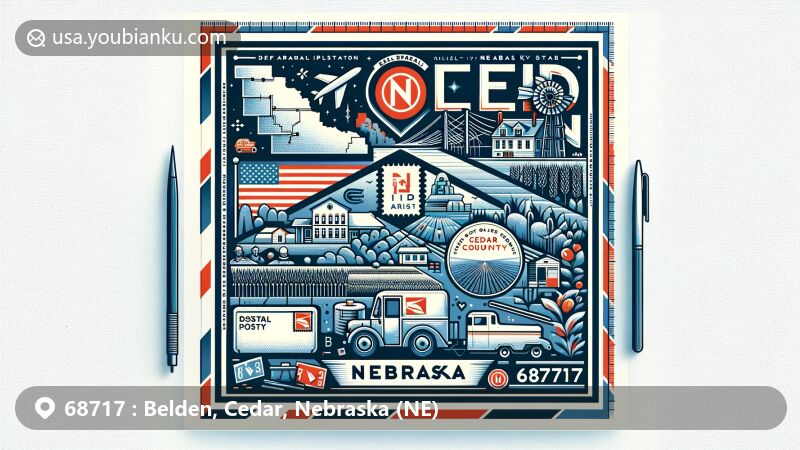 Modern illustration of Belden, Cedar County, Nebraska, inspired by postal code 68717, featuring Nebraska state flag, Cedar County outline, and Belden landmarks. Designed with a creative flair for web use.