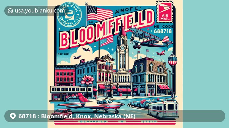 Modern illustration of Bloomfield, Knox County, Nebraska, showcasing downtown area, Bloomfield Municipal Airport, and local geographical features, designed as a creative postcard with American postal symbols.