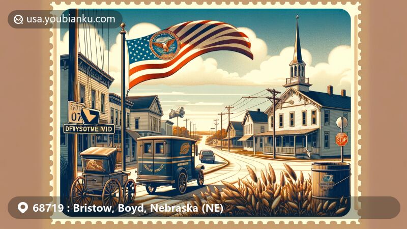 Modern illustration of Bristow village, Boyd County, Nebraska, capturing rural charm and postal heritage, featuring downtown scene with Prairie Street, Nebraska state flag, postal service element, airmail envelope frame with ZIP code 68719 and village's establishment date 1902.