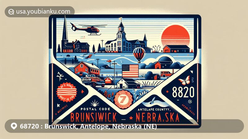 Creative illustration of Brunswick, Antelope County, Nebraska (NE), with ZIP code 68720, showcasing rural charm, community spirit, and Nebraska's location, featuring postal elements and village atmosphere.