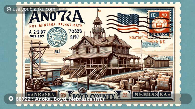 Modern illustration of Anoka, Boyd County, Nebraska, showcasing postal theme with ZIP code 68722, featuring Hot Mineral Plunge Bath and Boyd County symbols.