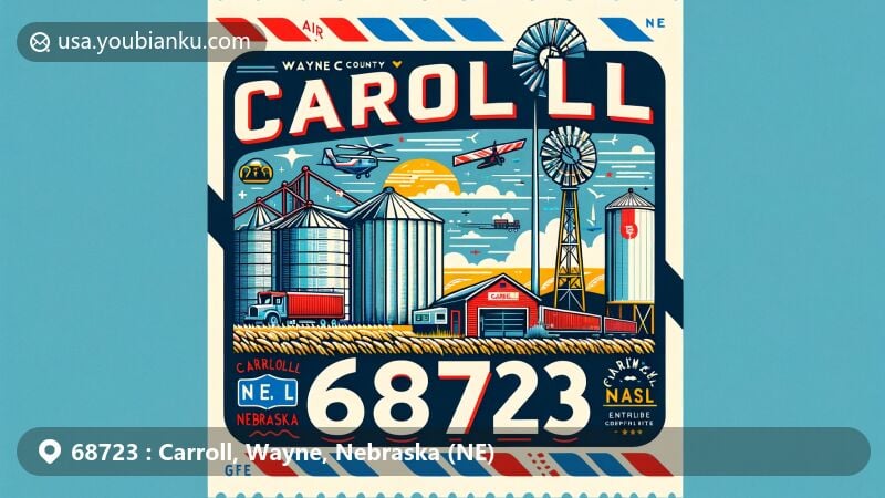 Modern illustration of Carroll, Wayne County, Nebraska, with ZIP code 68723, featuring grain bins, Haystack Wind Project, and Nebraska state flag.