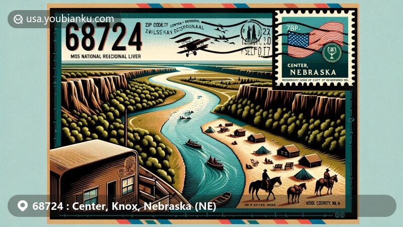 Modern wide-format illustration of Center, Knox County, Nebraska, showcasing postal theme with ZIP code 68724, featuring Missouri National Recreational River, Niobrara State Park activities, vintage airmail envelope, Chimney Rock stamp, and unique postal mark.
