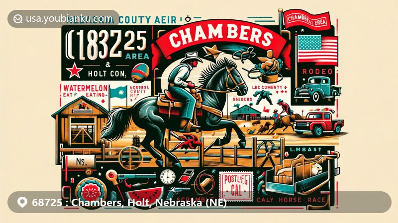 Modern illustration of Chambers, Holt County, Nebraska, highlighting postal theme with ZIP code 68725, featuring Nebraska state flag, Holt County outline, and symbols of local culture and events like Holt County Fair & Rodeo with watermelon eating contest, BB gun competition, calf scramble, and wild horse race.