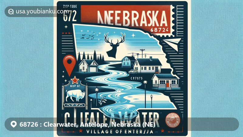 Modern illustration of Clearwater, Antelope County, Nebraska, capturing the essence of the town with a stylized map of the state, vintage postal elements, and a pronghorn antelope silhouette.