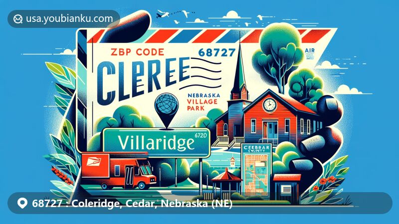 Modern illustration of Coleridge, Nebraska, highlighting Village Park and postal theme with ZIP code 68727, featuring air mail envelope and Nebraska's Cedar County outline.