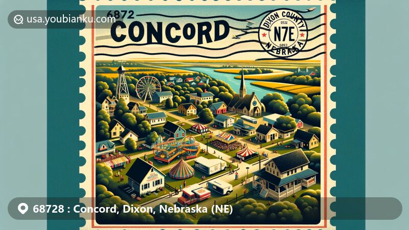 Modern illustration of Concord, Dixon County, Nebraska, showcasing ZIP Code 68728 and Dixon County Fair, featuring vintage postal stamp with '68728 Concord, NE', postal service symbols, fairground activities, and Nebraska state flag.