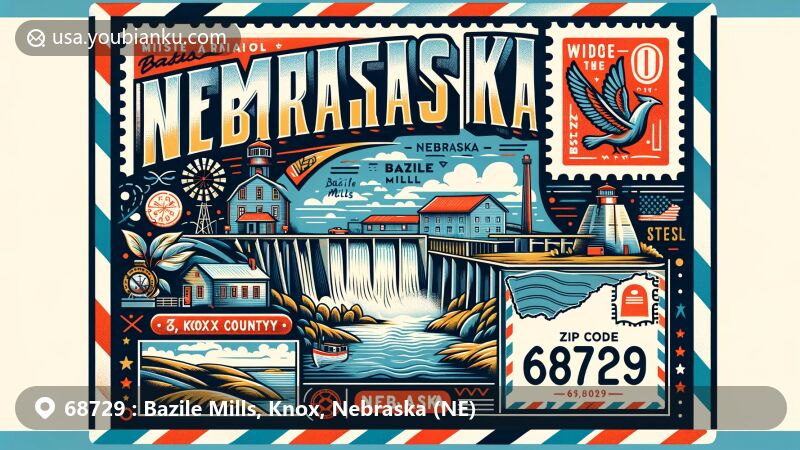 Modern illustration of Bazile Mills, Knox County, Nebraska, featuring vintage postcard or airmail envelope layout, Knox County outline, Bazile Creek dam remains, postal service elements, and vibrant colors.