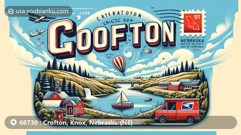 Modern illustration of Crofton, Knox, Nebraska (NE), highlighting Gavins Point Dam, Lewis and Clark Lake, and rural charm, with a digital postcard design showcasing Nebraska state flag and postal symbols.