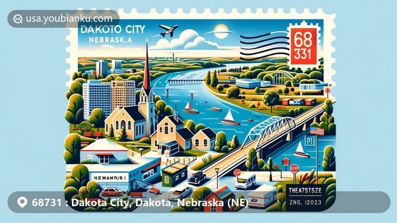 Modern illustration of Dakota City, Nebraska, showcasing postal theme with ZIP code 68731, featuring Missouri River, Cottonwood Cove Park, O'Connor House, Lewis and Clark Wayside, Emmanuel Lutheran Church, and Nebraska state symbols.