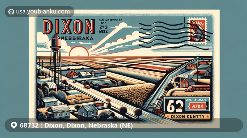 Modern illustration of Dixon, Nebraska, portraying Dixon County's landscape and small-town charm, featuring vintage air mail design and Chimney Rock postage stamp.