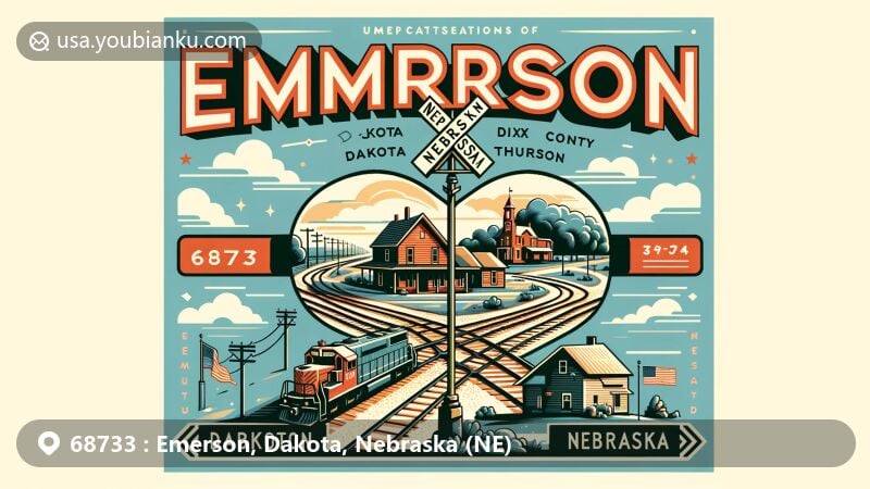 Modern illustration of Emerson, Nebraska, ZIP Code 68733, featuring railroad tracks, three counties (Dakota, Dixon, Thurston), small community scene, Nebraska state flag, vintage postage stamp border, postmark 'Emerson, NE 68733,' and classic mailbox/post office sign.