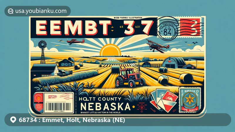 Modern illustration of Emmet, Holt County, Nebraska, featuring scenic rural landscapes, Nebraska state symbols, and postal service elements with ZIP code 68734.