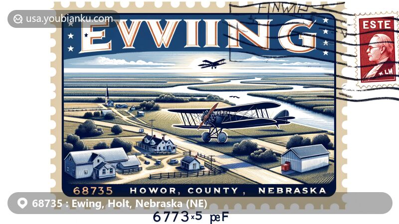 Modern illustration of Ewing, Holt County, Nebraska, showcasing rural charm with Elkhorn River forks, Savidge brothers' biplane, and community pride, featuring postal elements and ZIP code 68735.