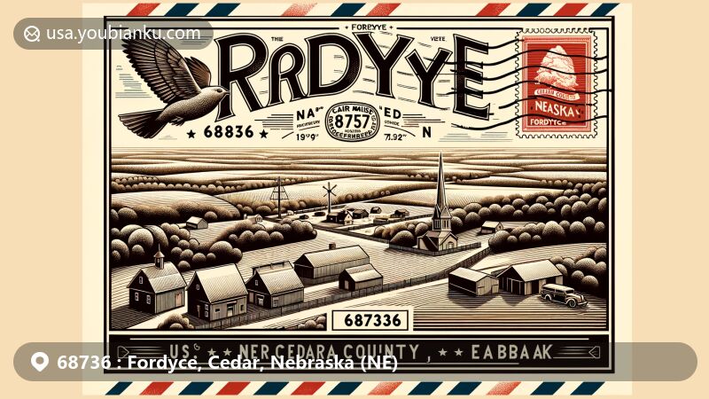 Modern illustration of Fordyce, Cedar County, Nebraska, resembling an air mail envelope with rural landscape background, incorporating village's coordinates 42.69833°N, 97.36278°W. Features detailed Nebraska outline and iconic Fordyce representation.