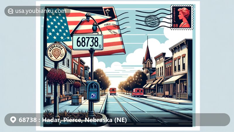 Modern illustration of Hadar, Pierce County, Nebraska, showcasing the small-town charm and postal theme with ZIP code 68738, featuring Nebraska Highway 13 and creative postal symbols.