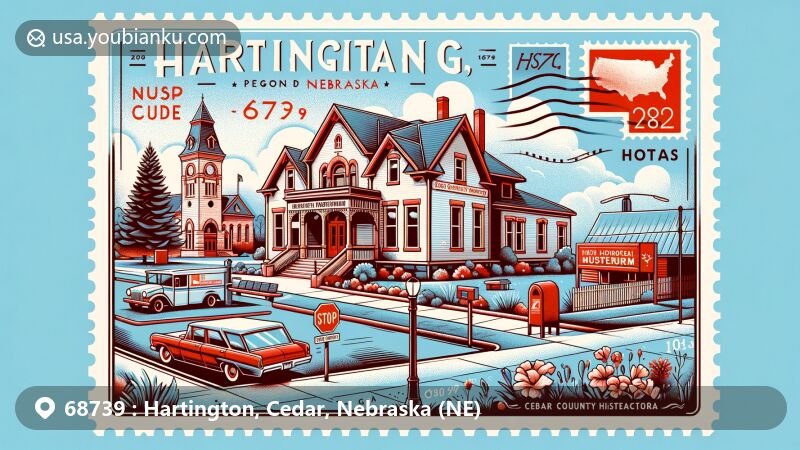 Modern illustration of Hartington, Cedar County, Nebraska, featuring ZIP code 68739, showcasing Cedar County Historical Museum, seasonal variations, and postal theme.