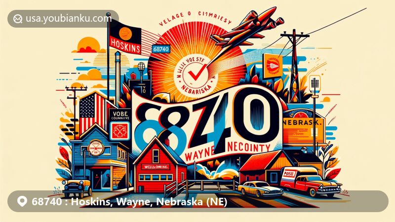 Vibrant illustration of Hoskins, Wayne County, Nebraska, blending modern style with cultural symbols and postal theme for ZIP code 68740, showcasing village history and state identity.