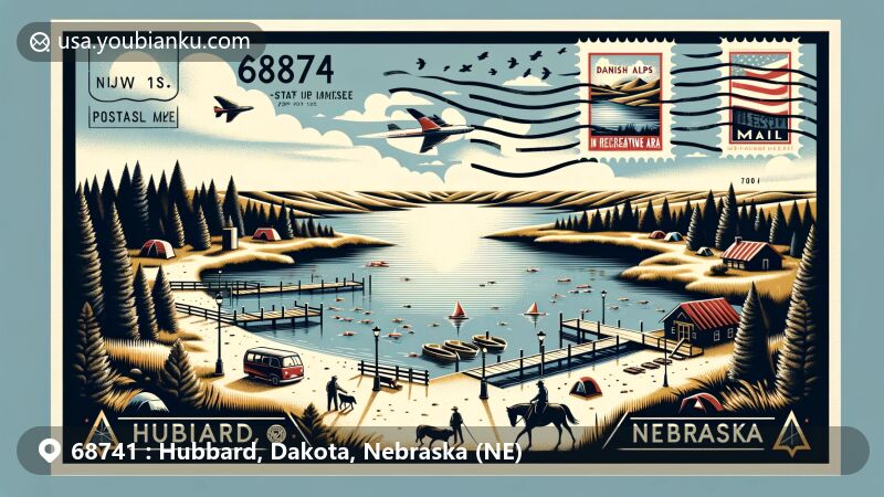 Modern illustration of Hubbard, Nebraska, highlighting Danish Alps State Recreation Area, featuring scenic lake, equestrian trails, and camping sites, representing essence of outdoor adventures in ZIP code 68741.