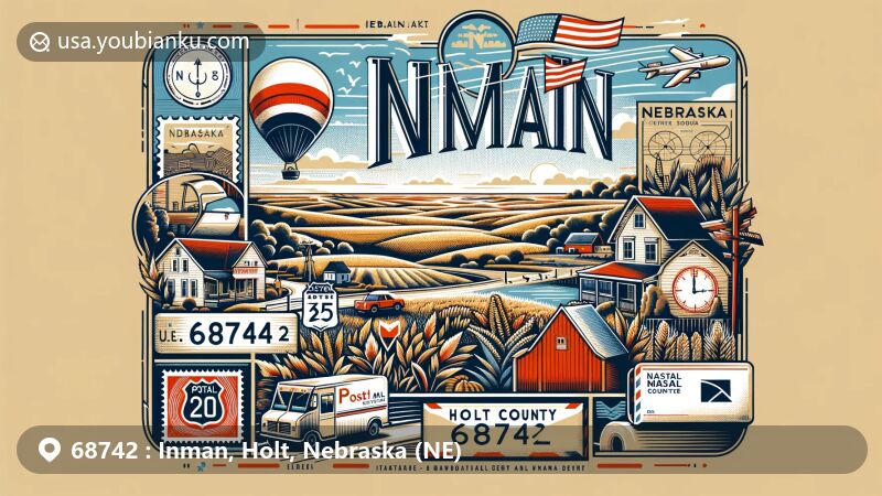 Modern illustration of Inman, Holt County, Nebraska, showcasing postal theme with ZIP code 68742, featuring picturesque landscape and rural charm, vintage-style postcard with postal stamps, postmark 'Inman, NE 68742', iconic symbols like mailbox, Nebraska state flag, and Holt County outline, hinting at railway heritage.