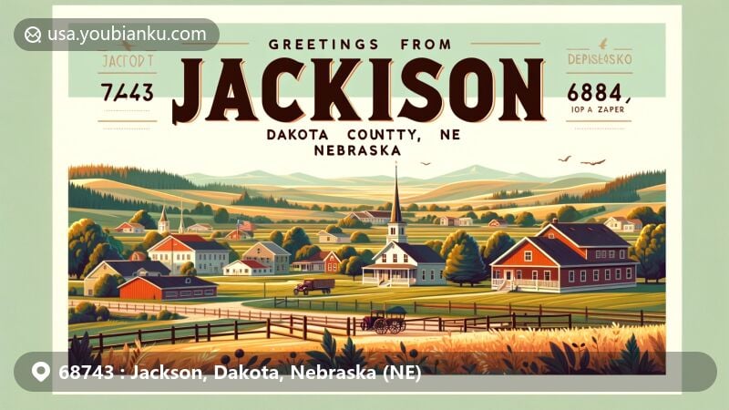 Vintage-style illustration of Jackson, Dakota County, Nebraska, depicting airmail envelope with ZIP code 68743, featuring state flag, local landmark, and postal mail elements.