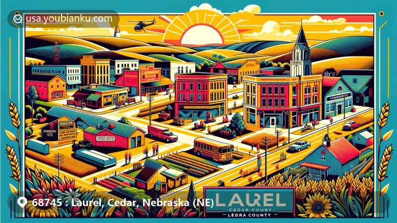 Modern illustration of Laurel, Nebraska, showcasing downtown revitalization, Cedar County landscape, agricultural foundation, community center, educational spirit, and recreational activities, with ZIP code 68745 and postal theme elements.