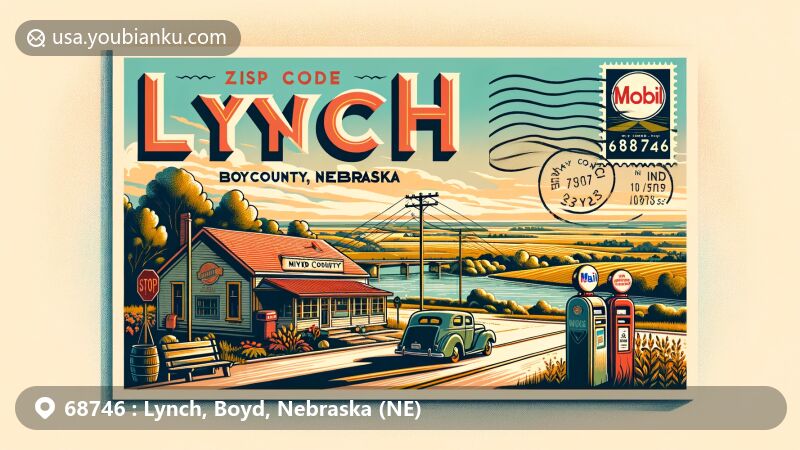 Modern illustration of Lynch, Boyd County, Nebraska, representing ZIP code 68746, featuring picturesque Lynch village nestled between the Missouri and Niobrara rivers, emphasizing agricultural theme and vintage Mobil gas station.