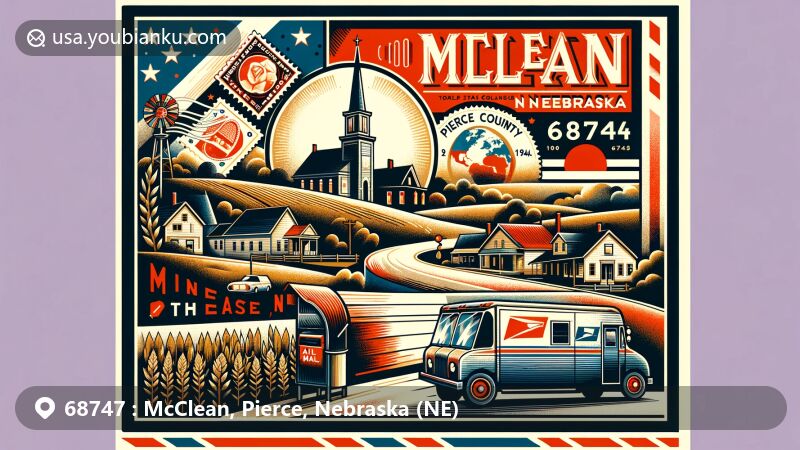 Modern illustration of McLean, Pierce County, Nebraska, inspired by postal theme and local characteristics, incorporating state flag and Pierce County symbols.