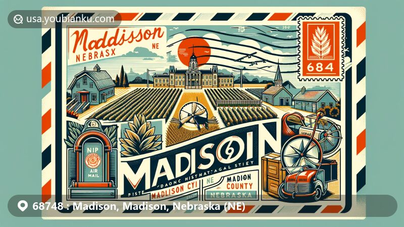 Modern illustration of Madison, Madison County, Nebraska, resembling a vintage postcard or air mail envelope, featuring ZIP code 68748, showcasing Madison County Historical Society Museum and agricultural imagery, capturing the broad seasonal temperature swings and postal elements.