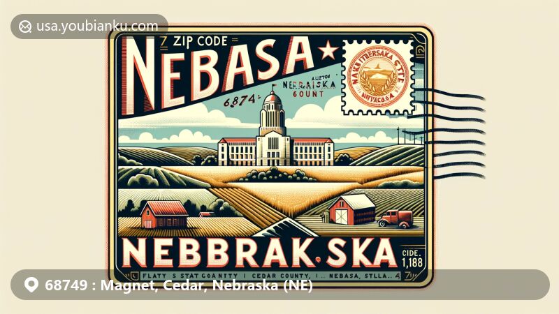 Modern illustration of Magnet, Cedar County, Nebraska, showcasing postal theme with ZIP code 68749, featuring Nebraska State Capitol building, rural village setting, farms, and expansive skies.