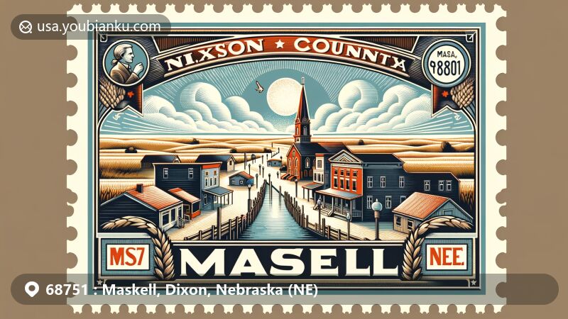 Creative illustration of Maskell, Nebraska, showcasing Main Street in a postage stamp design with ZIP code 68751, featuring Great Plains, unique city hall, Faith Lutheran Church, and Maskell Post Office.