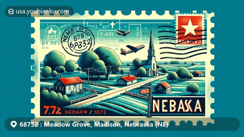 Modern illustration of Meadow Grove, Madison County, Nebraska, incorporating village's grove of trees and postal theme with ZIP code 68752, featuring vintage postage stamp, air mail envelope, and postal markings.