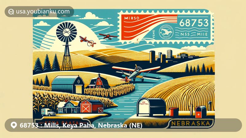 Modern illustration of Mills, Keya Paha County, Nebraska, featuring rolling hills and agriculture, with Keya Paha River, air mail envelope, vintage postage stamp, ZIP code 68753, Nebraska outline, postmark stamp, and mailbox.