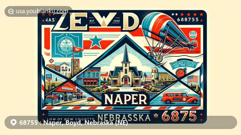 Modern illustration of Naper, Nebraska, highlighting ZIP code 68755, showcasing small-town charm, historical background, and community pride, featuring downtown area, White Horse Ranch Museum, Naper 28 memorial, and Nebraska state flag.