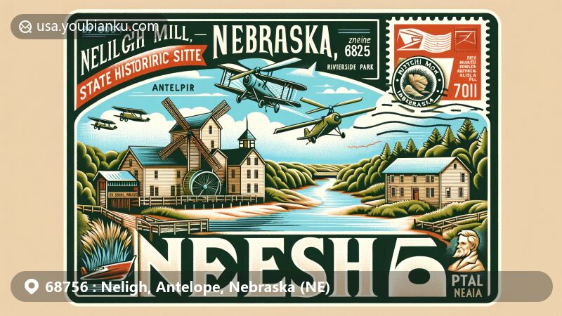 Modern illustration of Neligh, Antelope, Nebraska, highlighting postal theme with ZIP code 68756, showcasing Neligh Mill State Historic Site and Riverside Park along Elkhorn River.