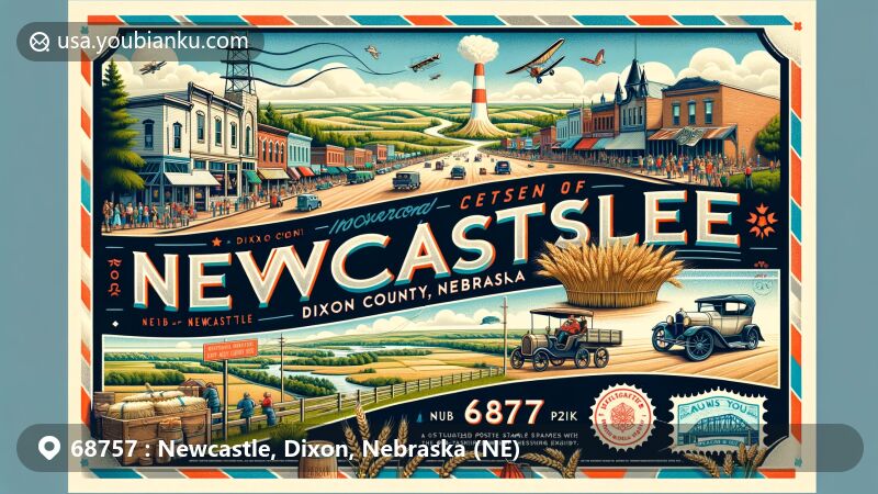 Modern illustration of Newcastle, Dixon County, Nebraska, featuring Main Street, Ionia Volcano, Labor Day celebration, vintage air mail design, ZIP code 68757, Missouri River, and lush Nebraska landscapes.