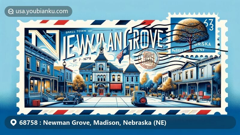 Modern illustration of Newman Grove, Madison County, Nebraska, depicting downtown area with characteristic buildings, enveloped in postal theme with zip code 68758, featuring stylized tree symbol and Nebraska state flag colors.