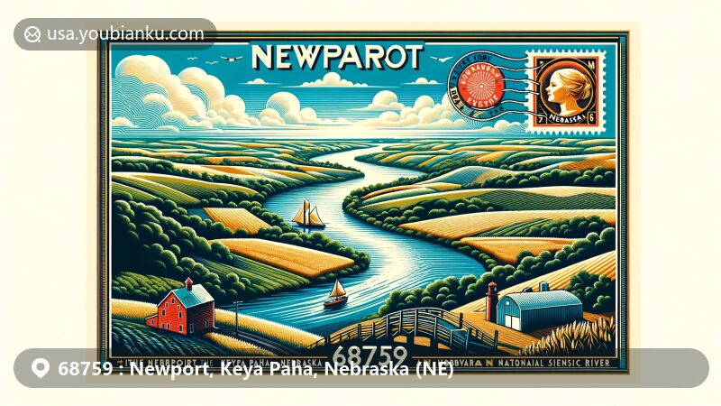 Modern illustration of Newport, Keya Paha County, Nebraska, showcasing postal theme with ZIP code 68759, featuring scenic Keya Paha and Niobrara Rivers, rolling hills, and agricultural landscapes.