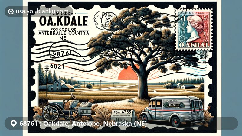 Modern illustration of Oakdale, Antelope County, Nebraska, depicting a creative postcard with ZIP code 68761, featuring iconic oak trees representing town heritage and elements of Antelope County's natural beauty like fields and major highways.
