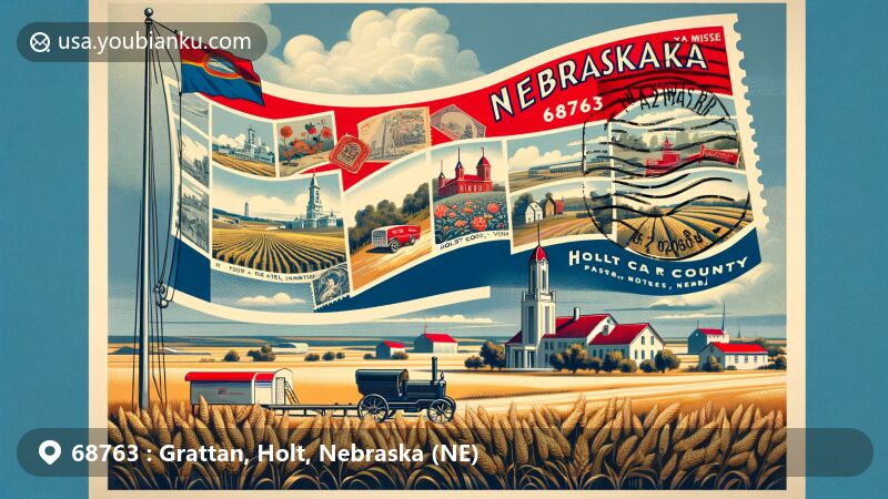 Modern illustration of Grattan, Holt County, Nebraska, merging landscape with postal themes, showcasing Nebraska state flag and postal symbols, featuring ZIP code 68763.
