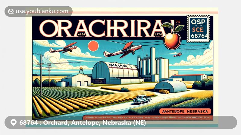 Modern illustration of Orchard, Antelope, Nebraska, depicting postal theme with ZIP code 68764, highlighting IMAC plant and Antelope County's highest point, blended with Nebraska's landscape showcasing skies and fields.