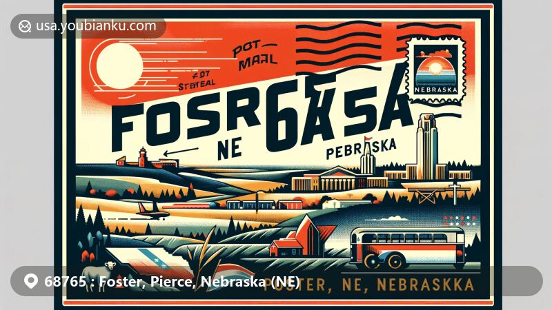 Modern illustration of Foster, Pierce, Nebraska, featuring iconic state symbols and landmarks like the Nebraska State Capitol, Scotts Bluff National Monument, and Carhenge Reserve Park, designed in vibrant postcard style for ZIP code 68765.
