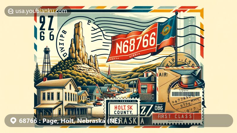 Modern illustration of Page, Holt County, Nebraska, capturing small-town charm with scenic village and rural backdrop, featuring Nebraska state flag and postal theme with air mail envelope displaying ZIP code 68766, vintage postage stamp of Chimney Rock, and fictional postmark from Page.