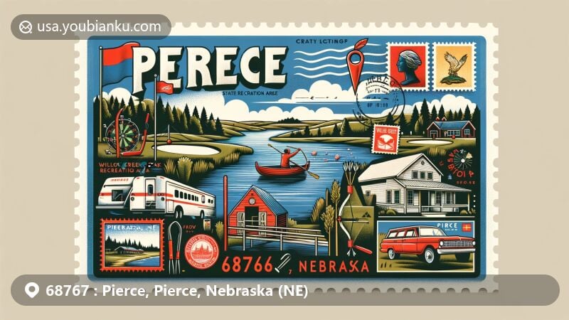 Modern illustration of Pierce, Nebraska, showcasing postal theme with ZIP code 68767, featuring Willow Creek State Recreation Area, Pierce Community Golf Course, and Pierce Historical Society Museum.