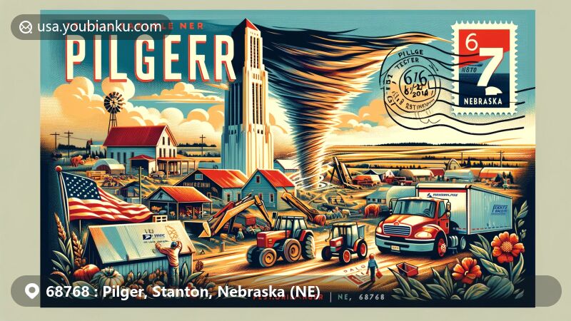 Modern illustration of Pilger, Nebraska, showcasing postal theme with ZIP code 68768, highlighting community spirit and resilience after a tornado, featuring iconic images of rebuilding effort and Nebraska's lush landscapes.