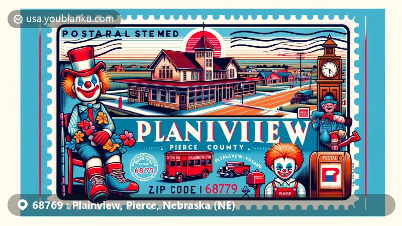 Modern illustration of Plainview, Pierce County, Nebraska, focusing on postal theme with ZIP code 68769, highlighting Klown Doll Museum and historic railroad depot.