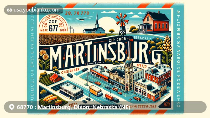 Modern illustration of Martinsburg, Dixon County, Nebraska, capturing the charm of small-town life with vibrant colors, featuring Bob's Bar & Grill, agricultural elements, historical nods, and ZIP Code 68770.