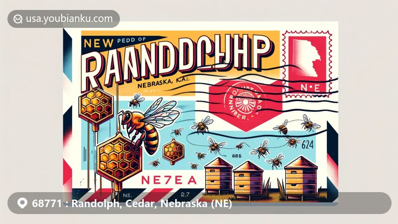 Modern illustration of Randolph, Cedar, Nebraska (NE), featuring postal theme with 'The Honey Capital of the Nation', bees, beehives, Nebraska state flag, and Cedar County outline.