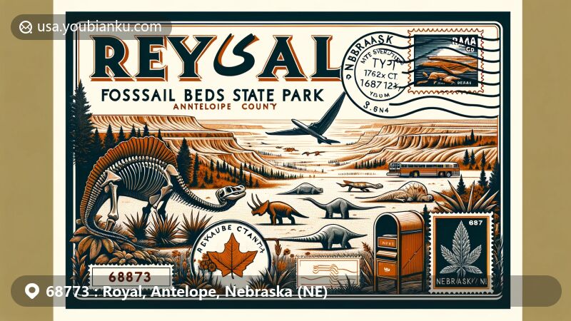 Modern illustration of Royal, Nebraska, postal code 68773, showcasing Ashfall Fossil Beds State Historical Park, Nebraska state flag, and Antelope County outline.